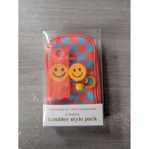 3 Piece Tumbler Style Pack Smiley Face Wavy Checker Fanny Pack Straw Topper Set